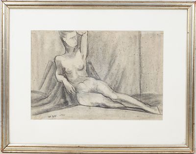 Siona Tagger 1900-1988- nude. Charcoal drawing depicting a female nude in a sitting position 