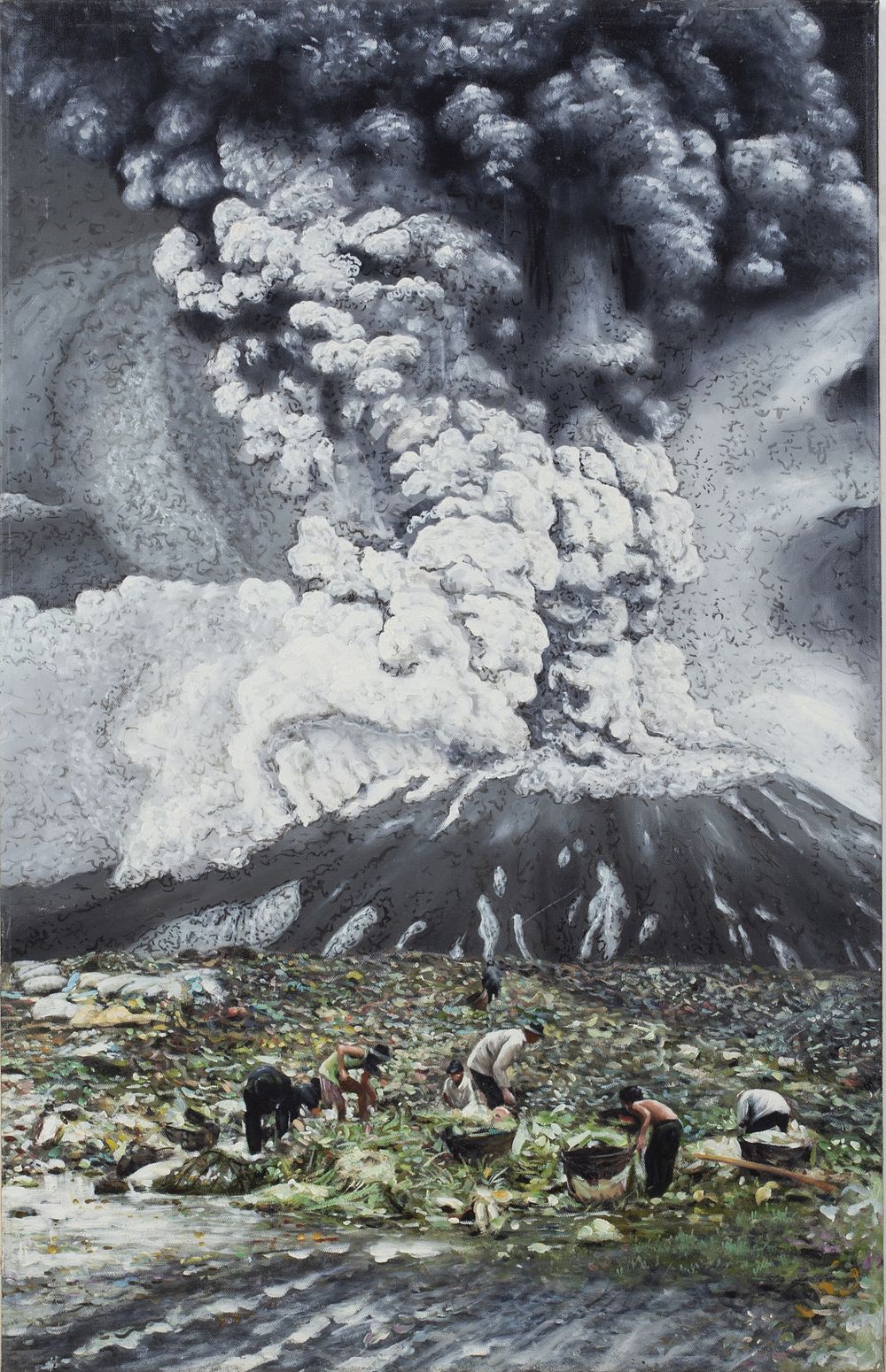 Shy Kun (b. 1974) "Volcano". A photo depicting a group of vegetable pickers with a volcano in 