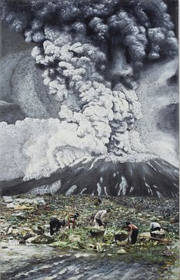 Shy Kun (b. 1974) "Volcano". A photo depicting a group of vegetable pickers with a volcano in 