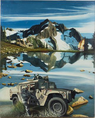 Shy Kun (b. 1974) "Military Landscape". An image depicting a landscape of a lake and snow-capped 