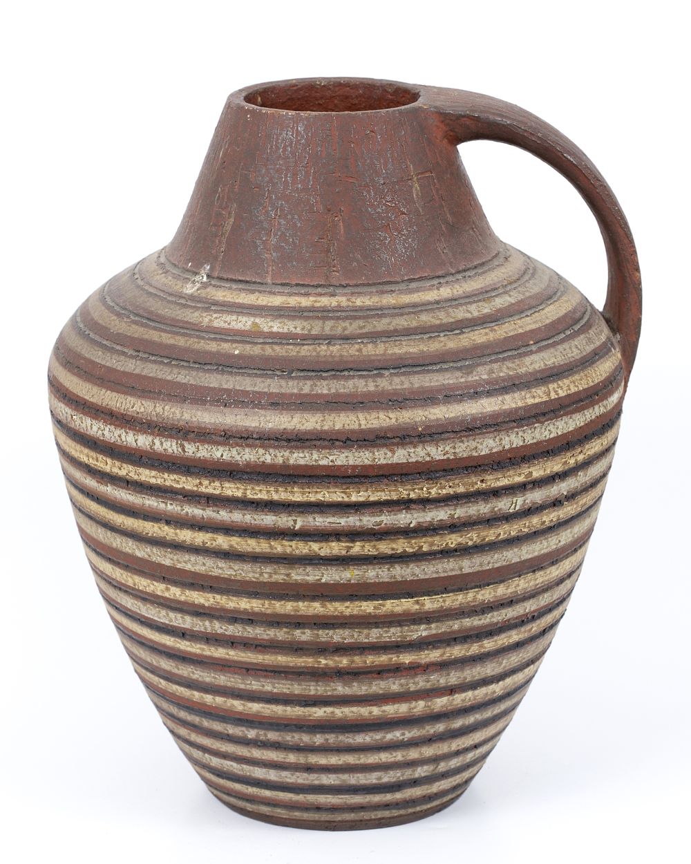 Ceramic art - over sized . Decorated with a striped motif in shades of brown, black and white 
