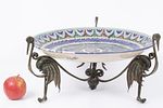 A large painted bowl placed on a metal stand with a bird pattern. A European ceramic bowl Image - 1