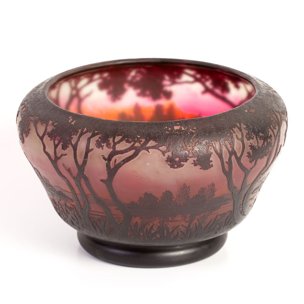 Daum Nancy Glass Vase Decorated w/ Pastoral Landscape. Daum Nancy vase made of burgundy glass 