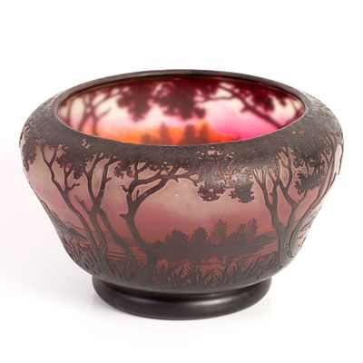 Daum Nancy Glass Vase Decorated w/ Pastoral Landscape. Daum Nancy vase made of burgundy glass 