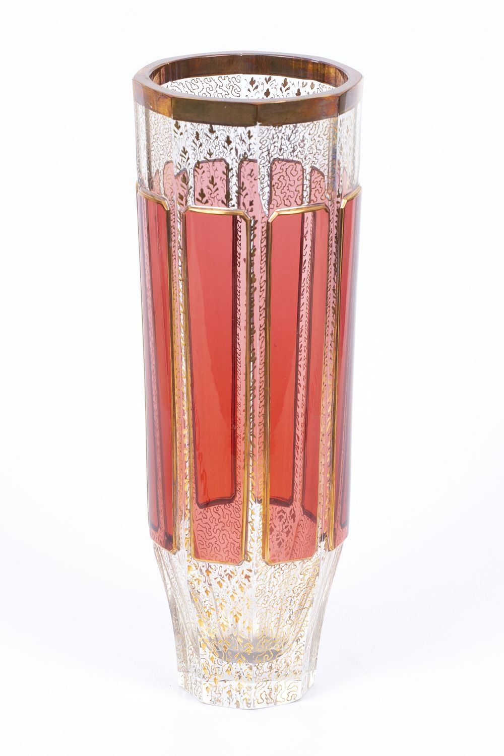Bohemian vase decorated with gilding 19th c. An impressive and tall vase with a ribbed 