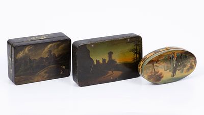 Three small ornamental boxes/tobacco, wood and hand painted lacquer, Europe 18th century early 