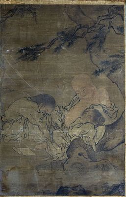 ציור מגילה ישן, יפן, תקופת אדו (1603–1868). דיו על משי 
מעוטר בשולי משי בגוון טורקיז עם דגשים 