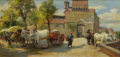 Gino Danti (1881-1968), At the City Gates. Oil on wood panel 
Signed (lower left). 
40 x 19 cm 