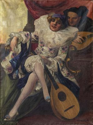 Richard Geiger (1870-1945), Masquerade Serenade. Oil on canvas 
Signed (lower right). 
76 x 99 