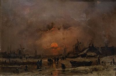 Adolf Stademann (1824-1895), Skating on a Winter Sunset. Oil on wood 
Signed (lower left). 
33 x 