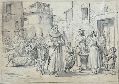 Wilhelm Marstrand (1810-1873), Monk in the Market Square. Watercolor on paper 
33 x 24 cm 