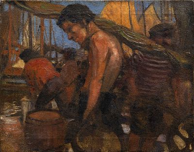 Attrib Henry Scott Tuke (1858-1929), Seamen at the Dock. Oil on canvas 
43 x 54 cm 
Provenance: 