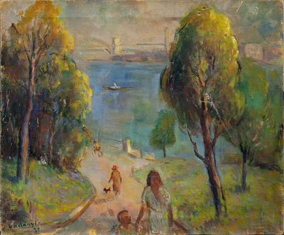 Emory Ladanyi (1902-186), East River. Oil on canvas 
1938 
57 x 67 cm 
Signed and dated 38 