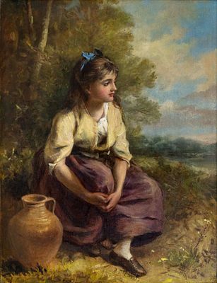 Thomas Kent Pelham (1815-1907), Girl with a Water Jug. Oil on wood panel 
Signed (lower right). 
