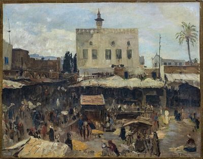 Orientalist School (19th Century), Market in Jaffa. Oil on canvas laid down on canvas 
1911 