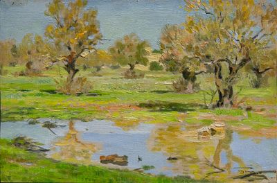 Shmuel Charuvi (1897-1935), Valley of the Cross Jerusalem. Oil on canvas 
1934 
Signed (lower 