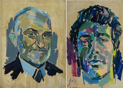 Pinchas Litvinovsky (1894-1986), Pair of Portraits. Acrylic on heavy paper mounted on board 