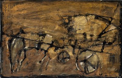 Emil Schumacher (1912-1999), Horse Strung Carriage. Mixed media with gold on paper 
1967 
Signed 