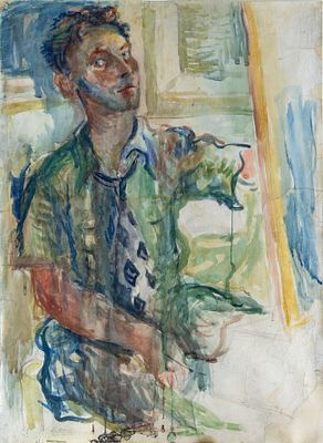 Yechezkel Streichman, Self Portrait. Watercolor on paper 
1944 
Signed and dated 44 (lower 