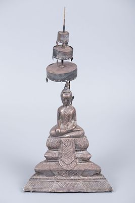 A Silver Seated Buddha Figurine, Cambodia, 18th/19th Century. Depicting Buddha in the 