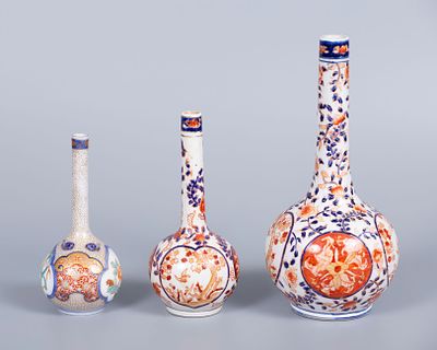 Three Imari Polychrome Porcelain Vases, Japan, Early 20th Century. Decorated with blossoming 