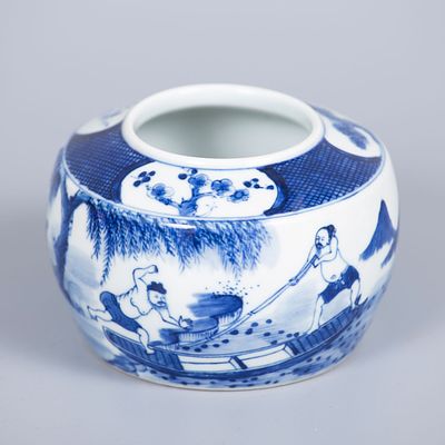 A Small Blue and White Porcelain Jar, China, Qing Dynasty (1644–1912). Hand-painted with 