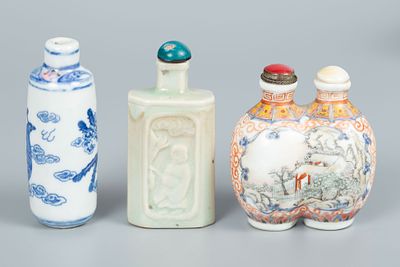 A Lot of Three Chinese Porcelain Snuff Bottles. Lot of three snuff bottles: 1. Celadon porcelain 