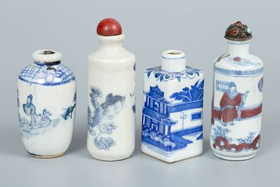 A Lot of Four Chinese Porcelain Snuff Bottles. Blue and white porcelain snuff bottles in varied 