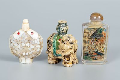 A Mixed Lot of Old Chinese Snuff Bottles. Including a bottle in elephant form with polychrome 