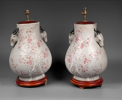 Pair of Antique Chinese Porcelain Lamps. Matte grey glaze, decorated with cherry a blossom 