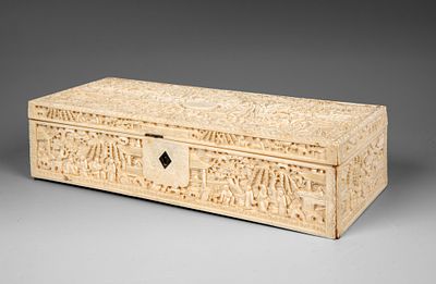 A Carved Organic Material Lidded Box, China, 19th Century. A rectangular decorative box made of 
