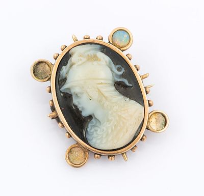 An Antique 9K Rose Gold, Onyx, Opal and Cameo Brooch. Centered with a Hellenistic-style cameo 