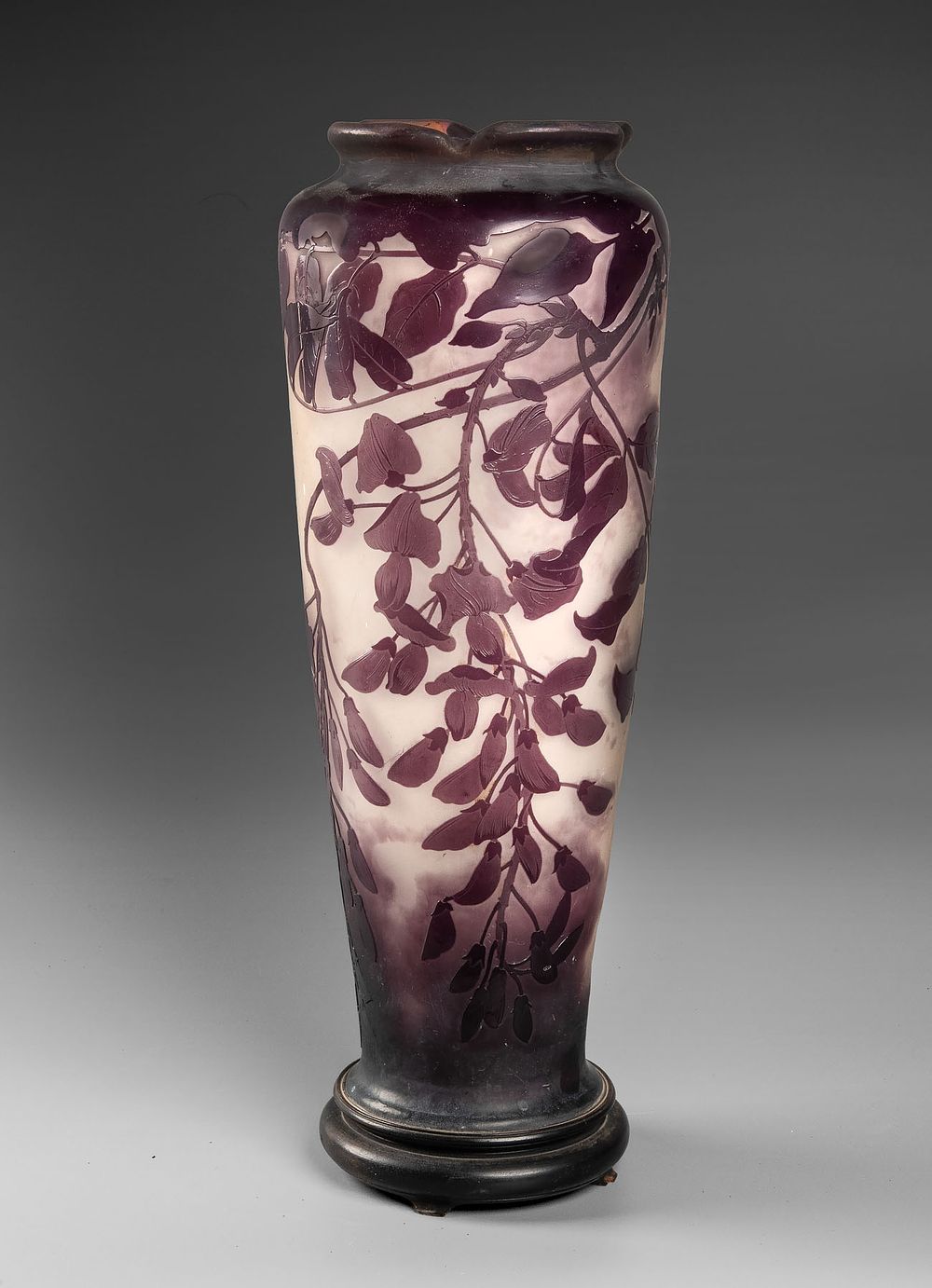 A Galle Cameo Etched Glass Vase, France, Early 20th Century. With a circular base and tapered 