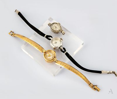Three 14K Gold Ladies' Wristwatches in Various Designs. All hallmarked and acid tested. 1. Gruen 