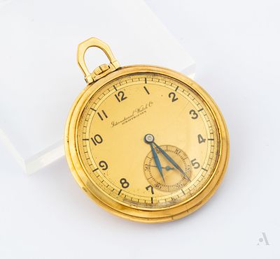 An Art Deco IWC Schaffhausen 14K Yellow Gold Pocket Watch, ca 1930s. Round body with a glass 
