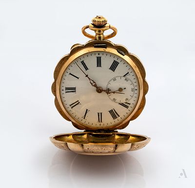 A 14K Rose Gold Pocket Watch. With a triple lid, the two external ones punched and embossed and 