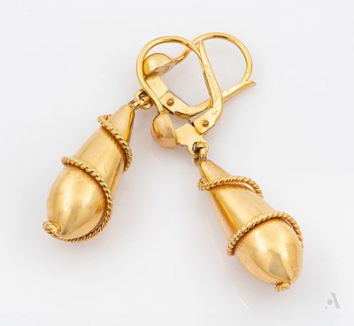 A Pair of 14K Yellow Gold Earrings. Designed as gold drop wrapped in gold wirework and suspended 