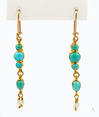 A Pair of Antique Persian 18-21K Yellow Gold Turquoise and Pearl Earrings. Each set with four 