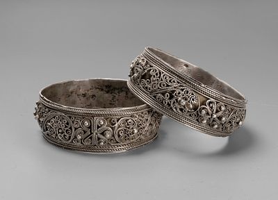 A Pair of ethnic Silver Filigree Bracelets, , Early 20th Century. Constructed from a silver base 