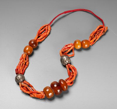A Coral, Bakelite and Silver Filigree Bead Necklace, Palestine, Early 20th Century. Designed as 