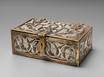 A Damascene Brass and Silver Inlay Box, 19th c . A rectangular form with a hinged lid and a 