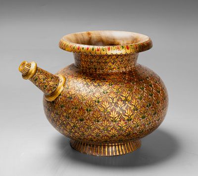 A Moghul Style Parcel Gilt and Polychrome Alabaster Hookah Base, 19th Century. Bulbous body 