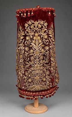 A Magnificent Hand-Embroidered Torah Mantle, Ottoman Empire, 19th c. The rigid circular upper 