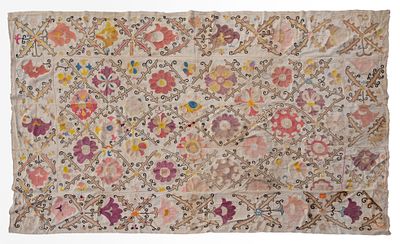 A Suzani Embroidery, Uzbekistan, Late 19th Century. Embroidered with polychrome floral motifs on 