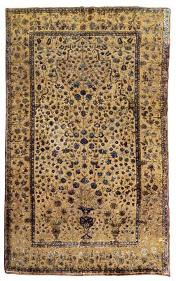 A rare Fine Silk Suf Muhtasham Kashan Carpet, Persia, Late 19th Century. Decorated with a floral 