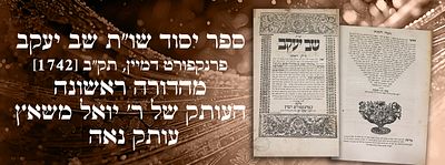 ספר יסוד שו"ת שב יעקב, פרנקפורט דמיין, תק"ב [1742]. מהדורה ראשונה. העותק של ר' יואל משאץ. עותק נאה.