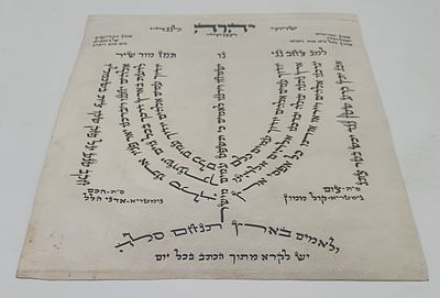שויתי על קלף בצורת מנורה דף בודד. דף בצורת מנורה על קלף עם מזמור למנצח בנגינות מספר תהילים ידועה 