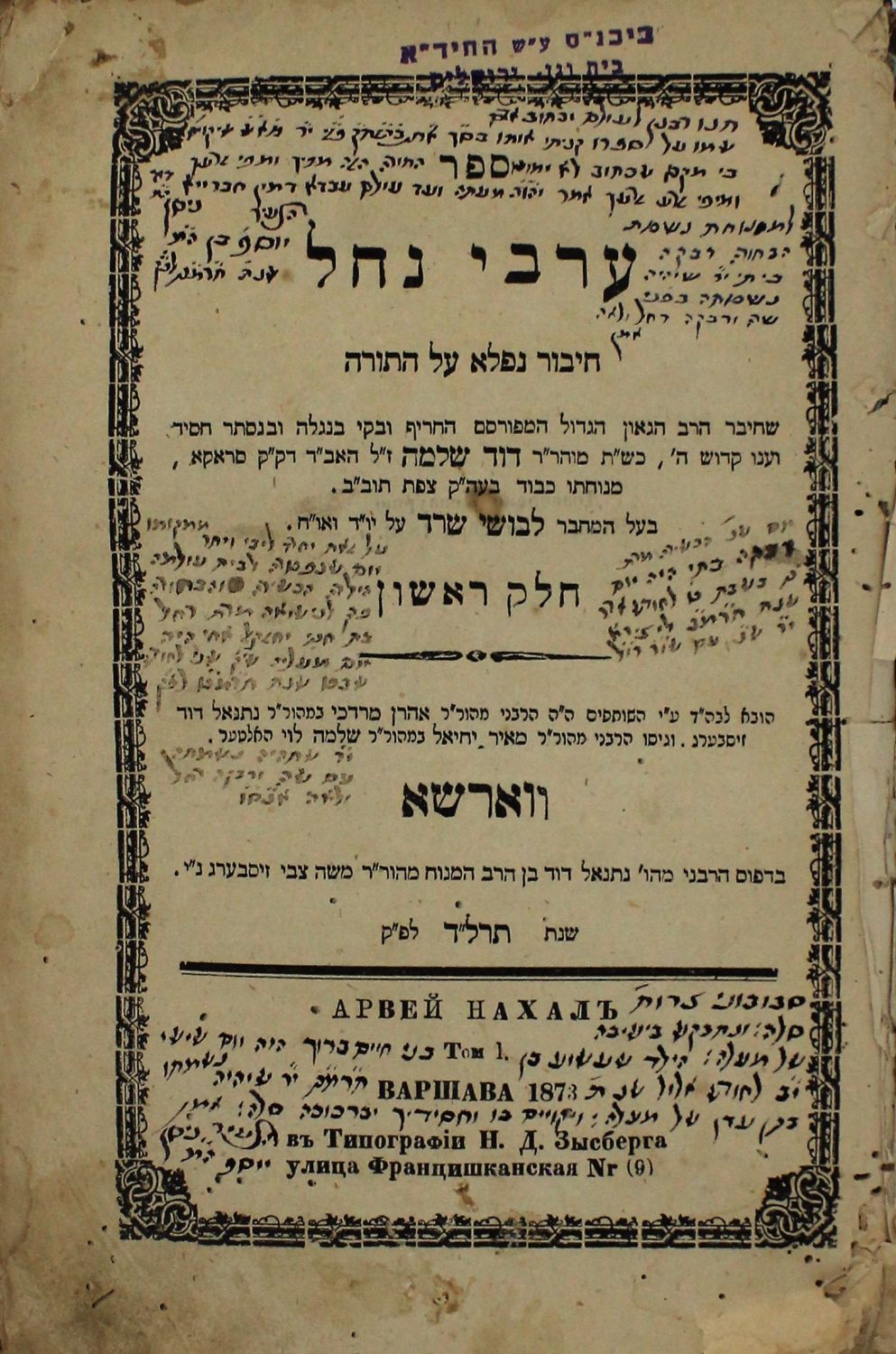 דפי חידושים ועשרות הגהות בכתב יד נראה לאחד מחכמי פרס על ספר החסידות "ערבי נחל" – ווארשא, תרל"ד 