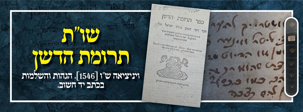 ספרי יסוד: שו"ת תרומת הדשן ויניציאה ש"ו [1546]. הגהות והשלמות בכתב יד חשוב.
. ספר תרומת הדשן – 
