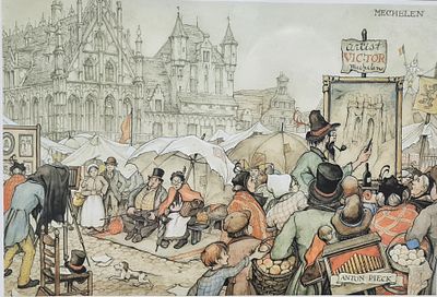 Anton Pieck ( הולנד 1895-1987 ) - " השוק במכלן " הדפס של הצייר הידוע בציורי הנוסטלגיה . חתום